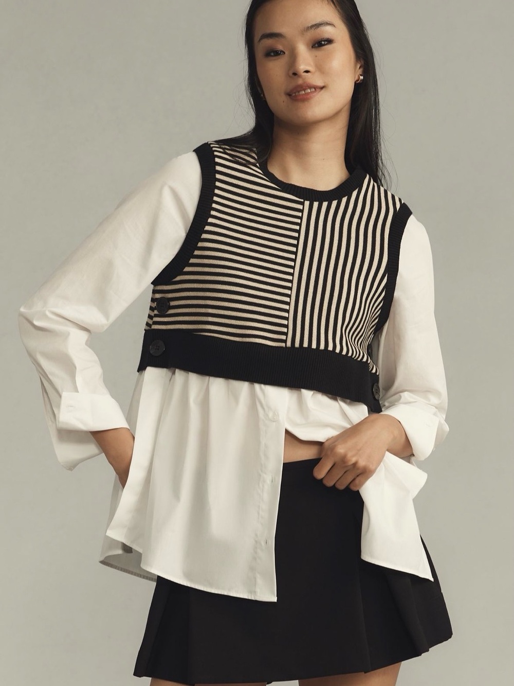 Maeve Black & White Long Sleeve Twofer Layered Sweater Vest Button-up Academia